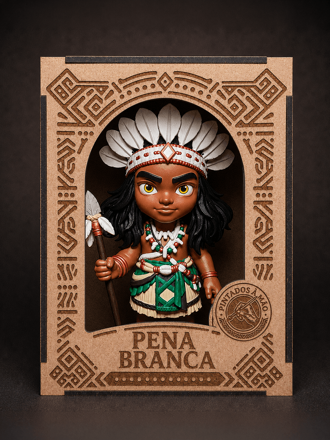 Estátua de Pena Branca dentro da caixa personalizada
