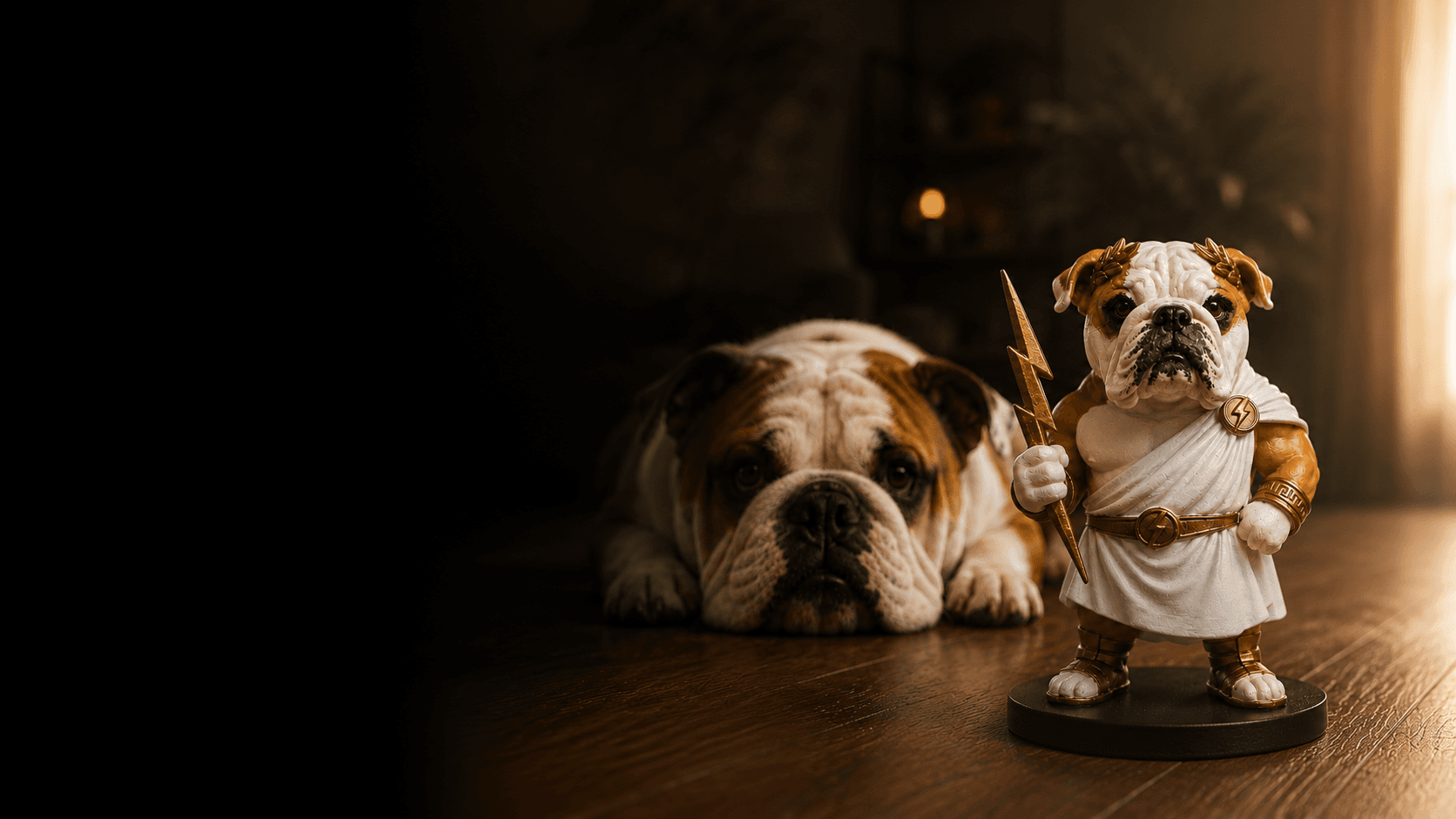 Zeus, o bulldog, ao lado de sua escultura personalizada