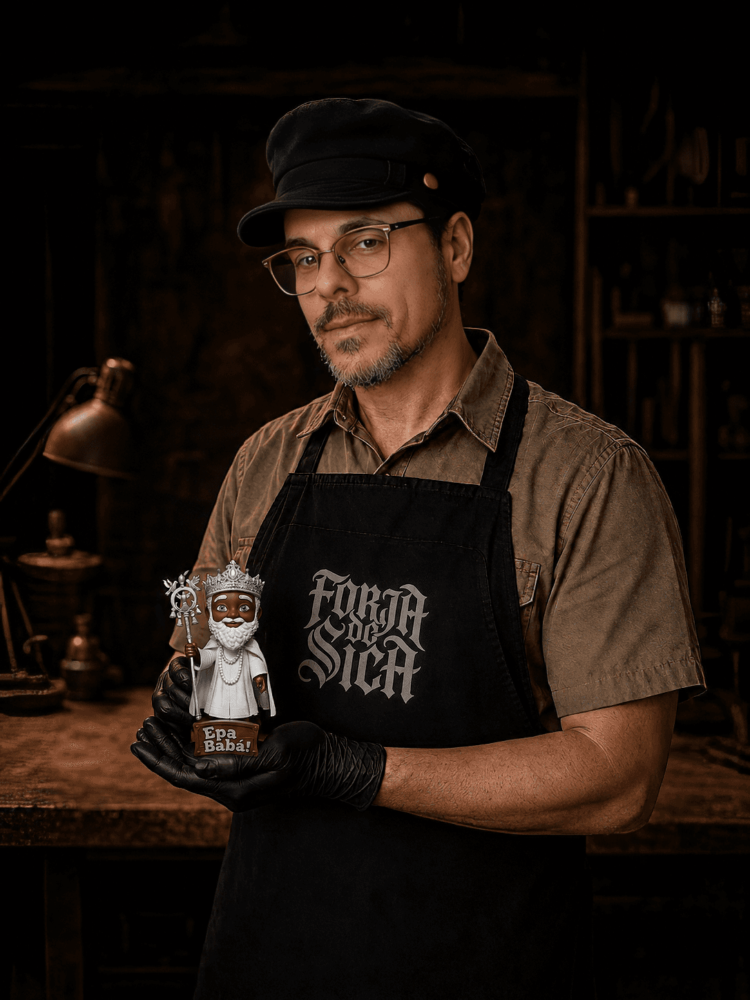 Rodrigo Sicheroli, o Sica, segurando uma escultura no ateliê